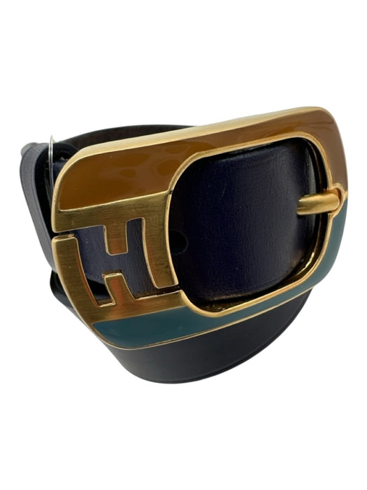 Fendi navy & gold Leather Enamel Logo Gold Buckle Belts navy & gold / Medium