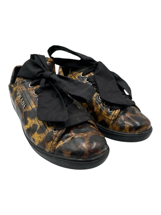 Prada Shoe Size 36 Brown & Black Patent Leather Ribbon Laces Low Top Sneakers Brown & Black / 36