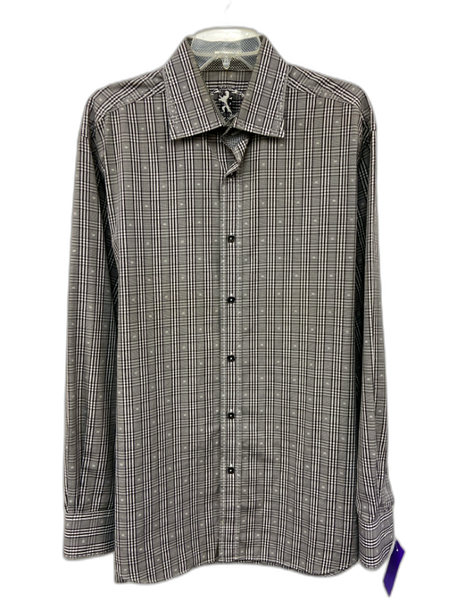 Bugatchi Size XL Gray, Black & White Cotton Plaid Button Down Long Sleeve Shirt Gray, Black & White / XL