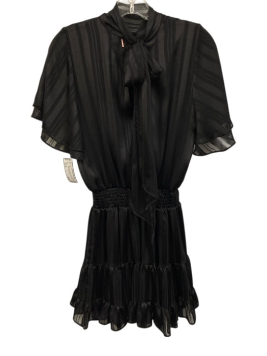 Misa Size M Black Tie Neck Stripe Mini Short Sleeve Dress Black / M