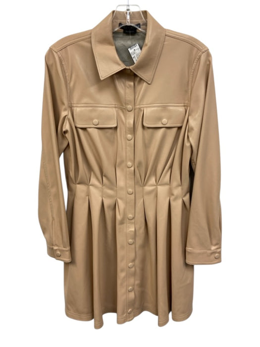 Alice + Olivia Size M Tan PU Leather Button Front Flap Pockets Pleated Dress Tan / M