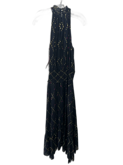 A.L.C. Size 2 Black, Gold & Blue Silk Sleeveless Ruched Neckline Dress Black, Gold & Blue / 2