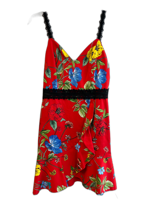 Alice + Olivia Size 2 Red & Multi Cotton V Neck Spaghetti Strap Back Zip Dress Red & Multi / 2