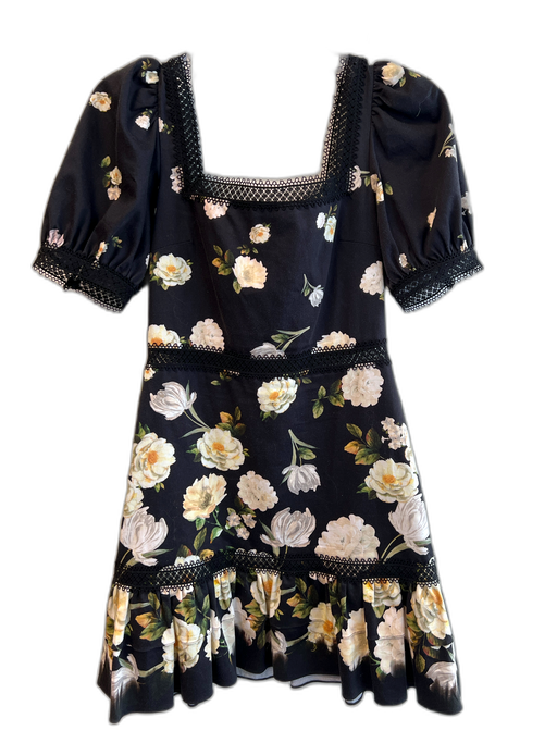 Alice + Olivia Size EST 2 Black & Cream Cotton Square Neck Lace Detail Dress Black & Cream / EST 2