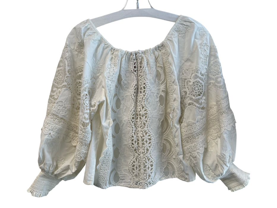 Alice & Olivia Size XS Ivory Cotton Half Puff Sleeve Cropped Lace Top Ivory / XS