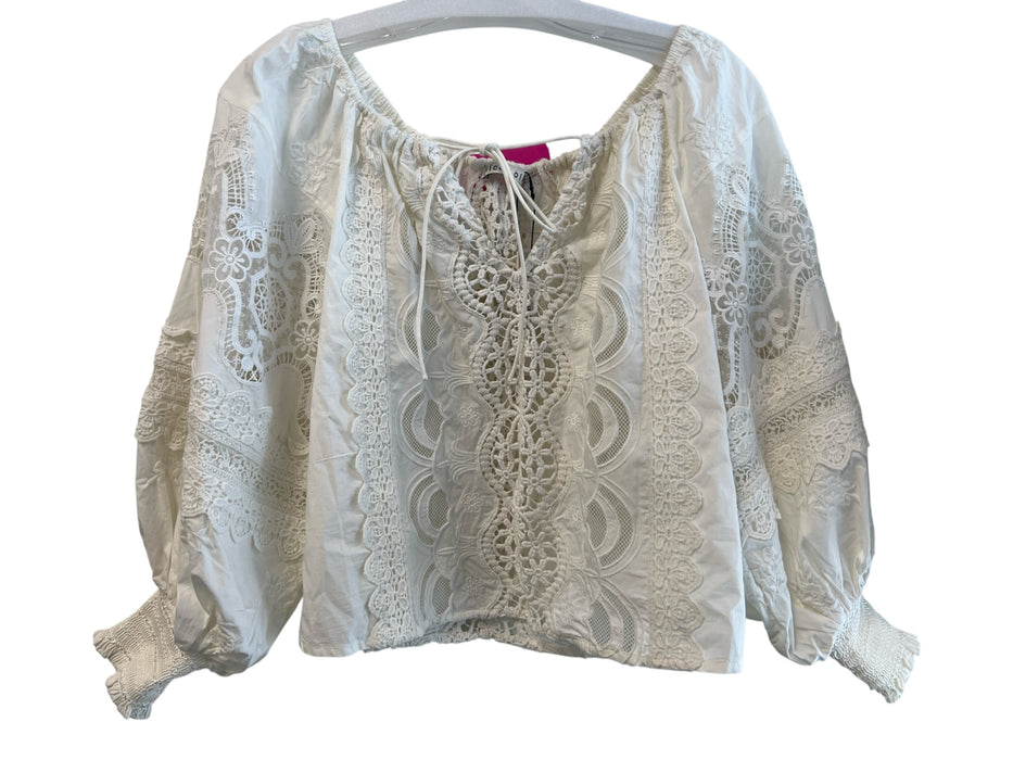 Alice & Olivia Size XS Ivory Cotton Half Puff Sleeve Cropped Lace Top Ivory / XS