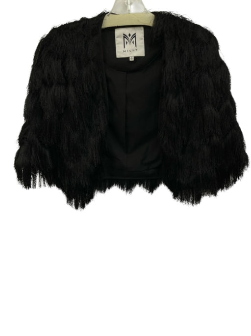 Milly Size P Black Polyester Fringe Open Front 1/2 sleeve Cropped Jacket Black / P