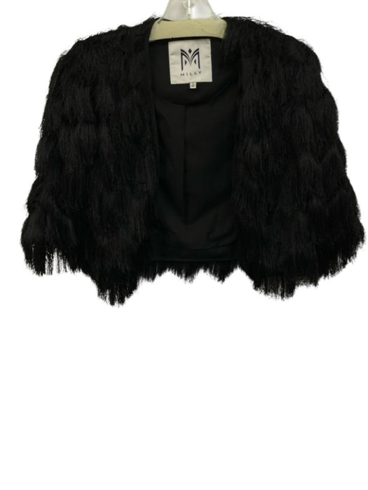 Milly Size P Black Polyester Fringe Open Front 1/2 sleeve Cropped Jacket Black / P
