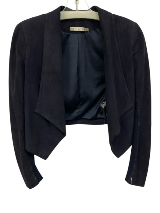 Alice + Olivia Size XS Navy Blue Goat Leather Cropped Knit Detail Suede Jacket Navy Blue / XS