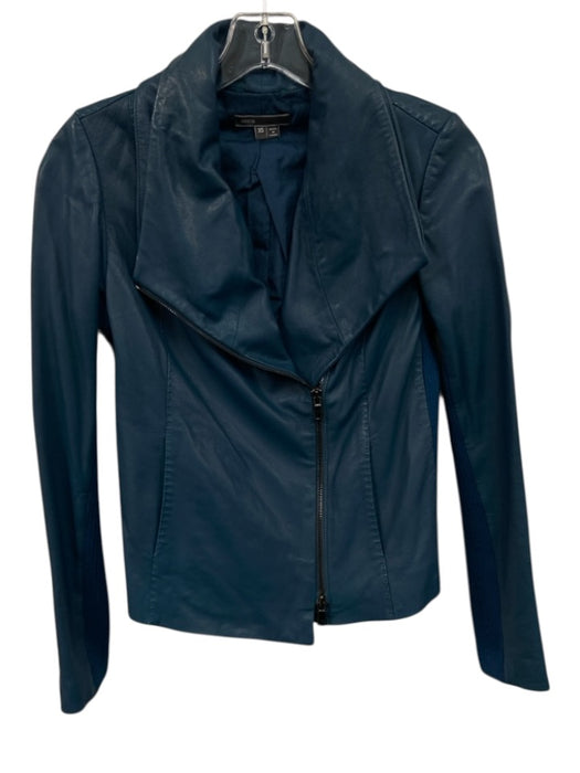 Vince Size XS Blue Lamb leather Zip Front Ribbed Knit Detail Pocketed Jacket Blue / XS