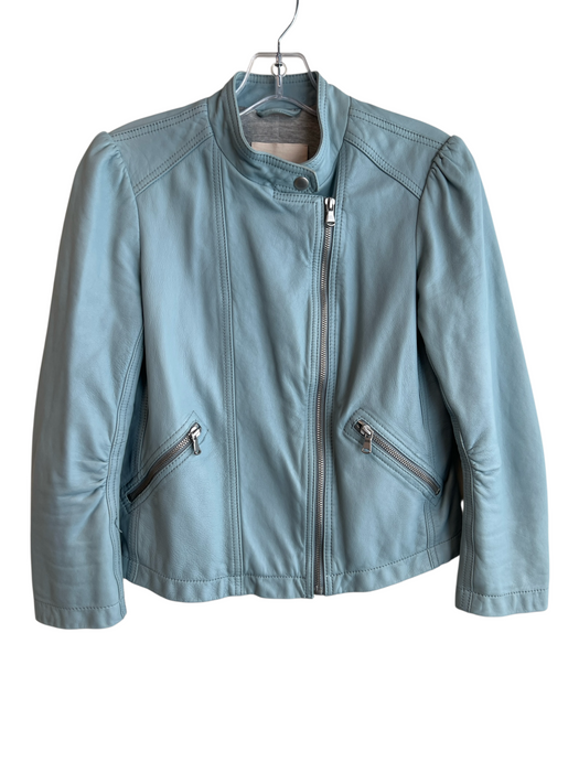 Rebecca Taylor Size 2 Blue Genuine Lamb Leather Zip Up Button Zip Pockets Jacket Blue / 2