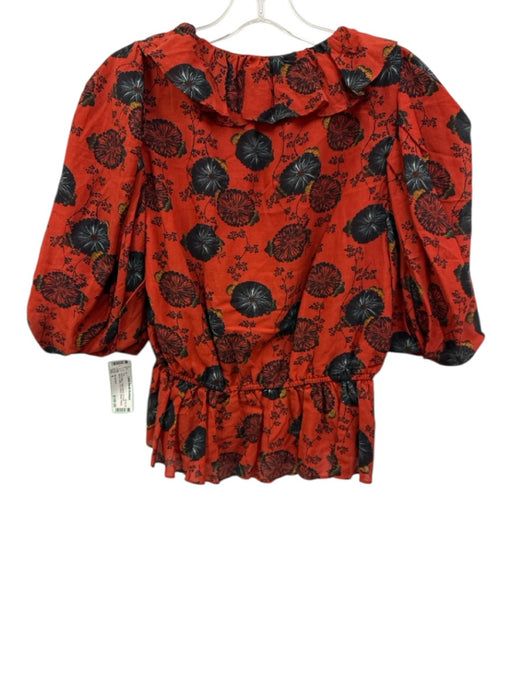 Ulla Johnson Size 4 Red & Black Cotton Blend 1/2 Puff Sleeve Ruffle Top Red & Black / 4