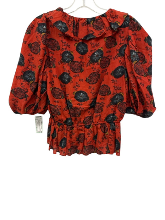 Ulla Johnson Size 4 Red & Black Cotton Blend 1/2 Puff Sleeve Ruffle Top Red & Black / 4