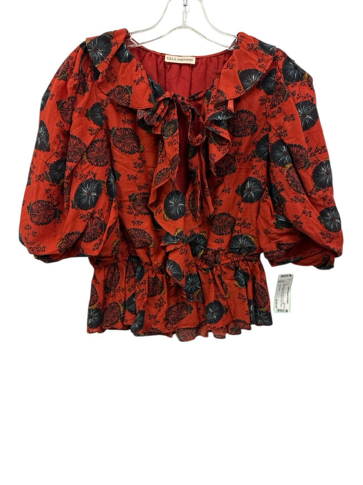 Ulla Johnson Size 4 Red & Black Cotton Blend 1/2 Puff Sleeve Ruffle Top Red & Black / 4