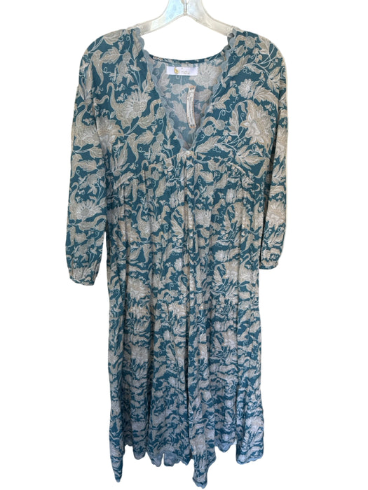 Bindu Size S Teal & Tan Cotton Long Balloon Sleeve Botanical Maxi Dress