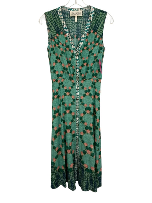 Saloni Size 2 Green, White & Pink Print Silk Seashell Print Sleeveless Dress Green, White & Pink Print / 2