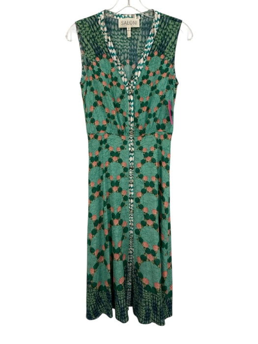 Saloni Size 2 Green, White & Pink Print Silk Seashell Print Sleeveless Dress Green, White & Pink Print / 2