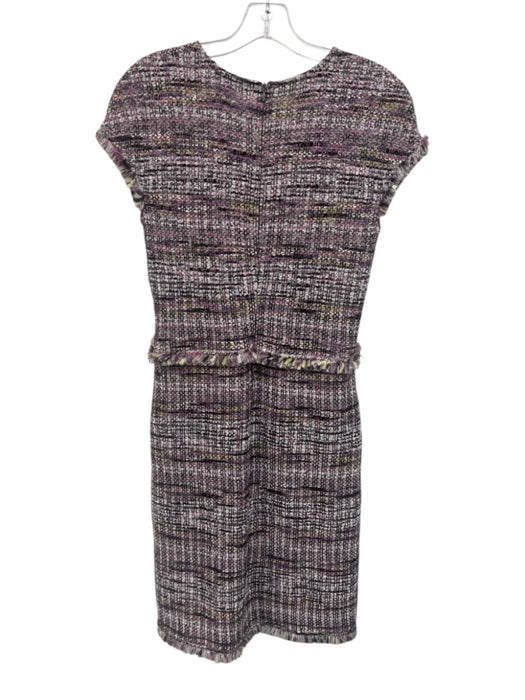 St. John Size 4 Purple & Black Print Wool Blend Back Zip Tweed V Neck Dress Purple & Black Print / 4