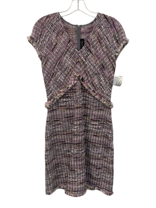 St. John Size 4 Purple & Black Print Wool Blend Back Zip Tweed V Neck Dress Purple & Black Print / 4