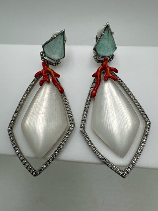 Alexis Bittar Silver Blue Red Enamel dangle Coral Diamond shape Clip On Earrings
