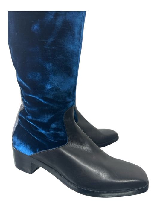 Balenciaga Shoe Size 39.5 Black & Blue Leather Velvet Riding Square Toe Boots Black & Blue / 39.5