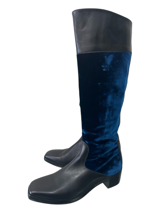 Balenciaga Shoe Size 39.5 Black & Blue Leather Velvet Riding Square Toe Boots Black & Blue / 39.5