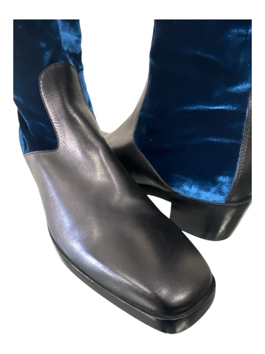 Balenciaga Shoe Size 39.5 Black & Blue Leather Velvet Riding Square Toe Boots Black & Blue / 39.5