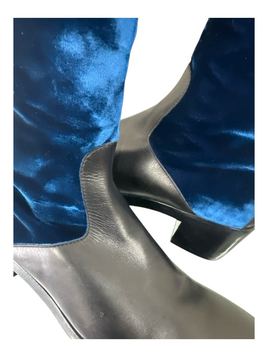 Balenciaga Shoe Size 39.5 Black & Blue Leather Velvet Riding Square Toe Boots Black & Blue / 39.5