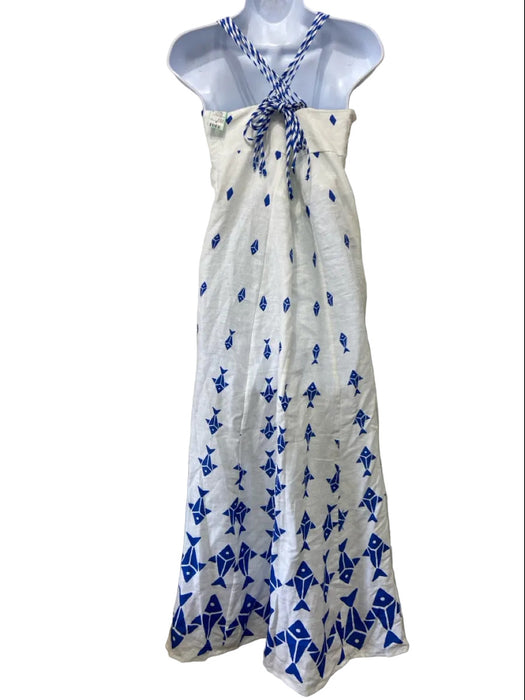 Farm Rio Size L White & Blue Linen Fish print Lace Up Detail Sleeveless Dress