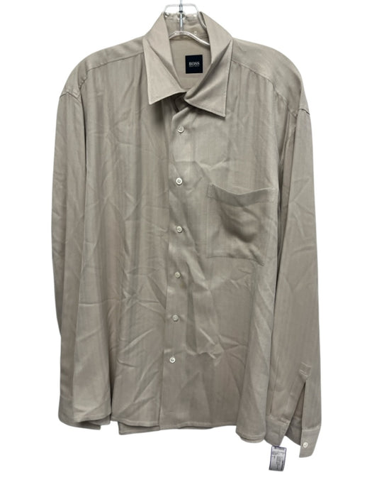 Boss Size L Gray Silk Herringbone Button Up Men's Long Sleeve Shirt Gray / L