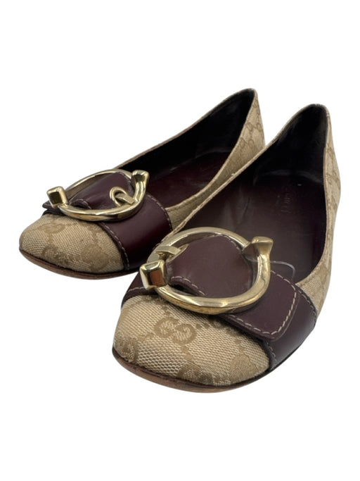Gucci Shoe Size 39 Beige, Brown & Red Canvas & Leather Monogram Ballet Flats Beige, Brown & Red / 39