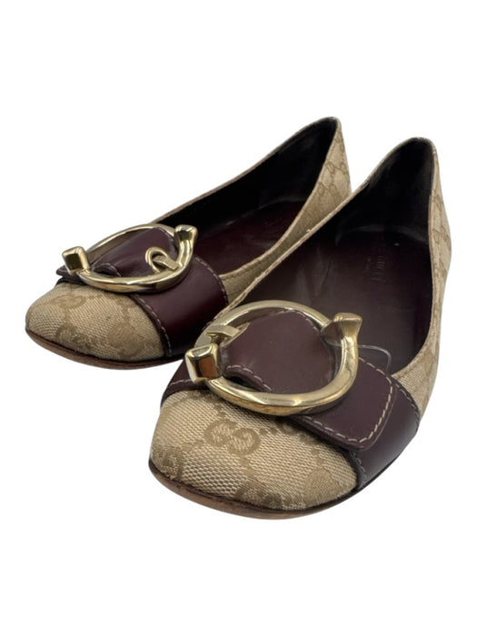 Gucci Shoe Size 39 Beige, Brown & Red Canvas & Leather Monogram Ballet Flats Beige, Brown & Red / 39