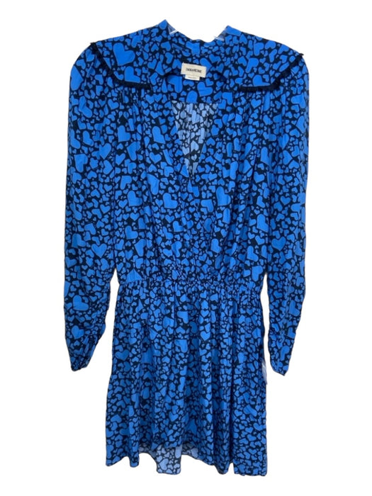 Zadig & Voltaire Size Est Small Blue Heart Print V Neck Long Sleeve Dress Blue / Est Small