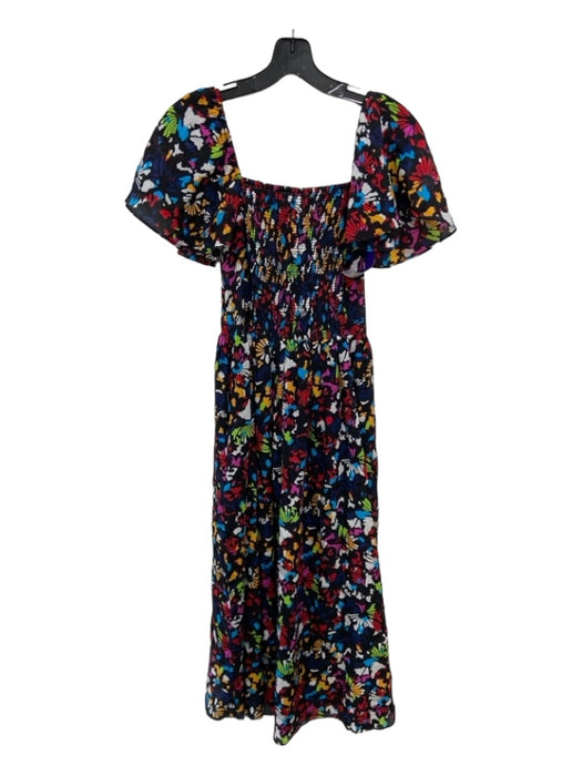 Tanya Taylor Size XS Black & Multi Silk Smocked Bodice Ruffle Cap Sleeve Dress Black & Multi / XS