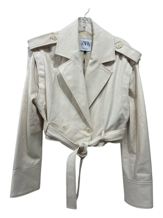 Zara Size XS Off White Cotton Cropped Epaulettes Frayed Detail Jacket Off White / XS