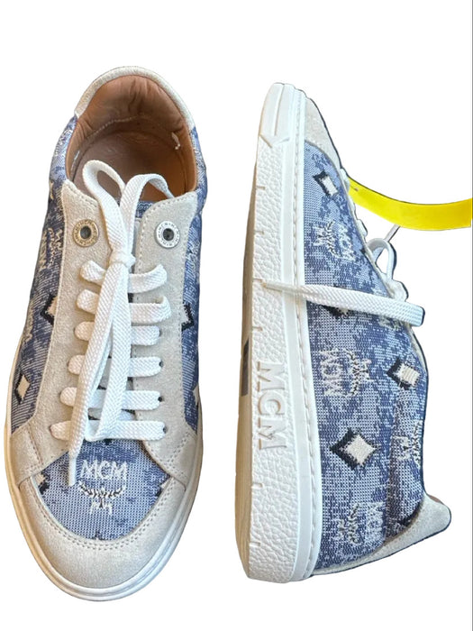 MCM Shoe Size 36 Blue & Taupe Canvas & Suede Logo lace up Athletic Sneakers
