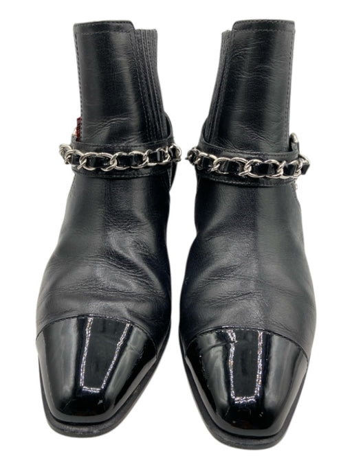 Chanel Shoe Size 37.5 Black & Silver Leather Upper Elastic Ankle Cap Toe Booties Black & Silver / 37.5