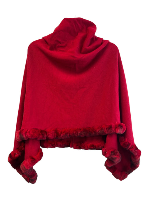 La Fiorentina Red Rabbit Fur Viscose V Neck Fur trim Knit Poncho Red / One Size