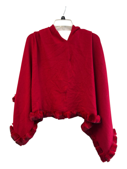 La Fiorentina Red Rabbit Fur Viscose V Neck Fur trim Knit Poncho Red / One Size