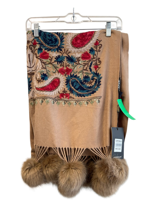 Jayley Brown Cotton Blend Embroidered Design Pom Pom Trim Rectangle Scarf scarf Brown / One Size