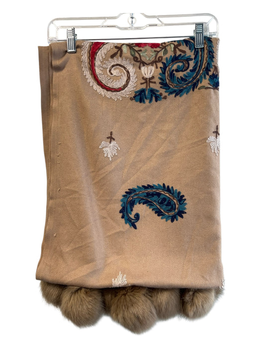 Jayley Brown Cotton Blend Embroidered Design Pom Pom Trim Rectangle Scarf scarf Brown / One Size