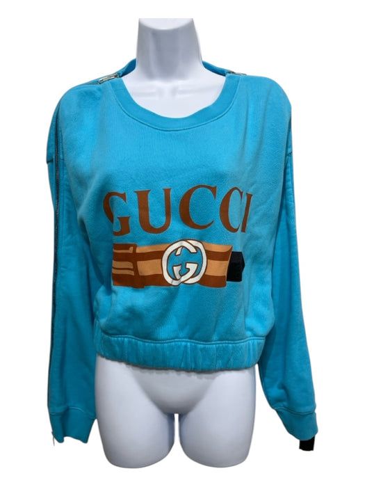 Gucci Size XL Blue & Multi Cotton Long Sleeve Crop Logo Zipper Sweater Blue & Multi / XL