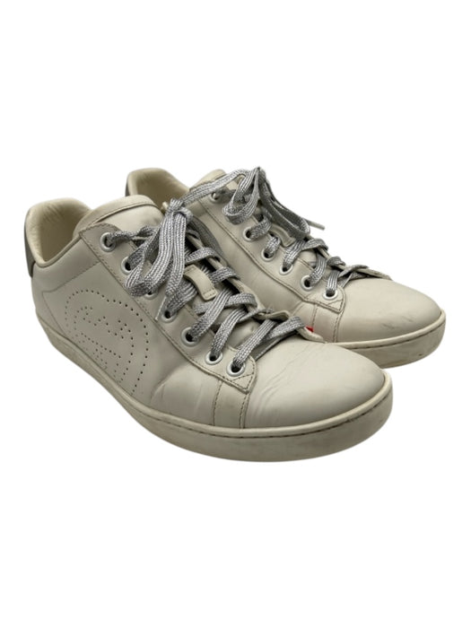 Gucci Shoe Size 39 White & Silver Leather Upper Metallic Thread Solid Sneakers White & Silver / 39