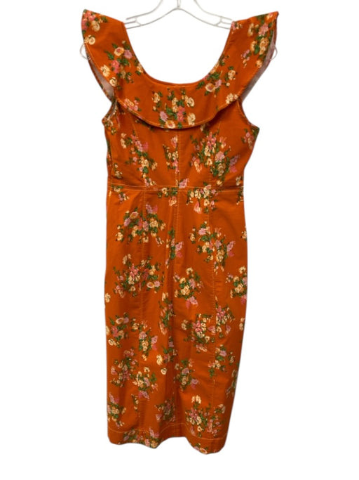 By Anthropologie Size Small Orange, Green, Pink Viscose Blend Floral Midi Dress Orange, Green, Pink / Small