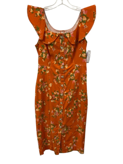 By Anthropologie Size Small Orange, Green, Pink Viscose Blend Floral Midi Dress Orange, Green, Pink / Small