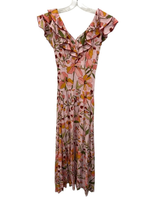 Poupette St. Barth Size Small Pink, Orange, Green Viscose Floral Midi Dress Pink, Orange, Green / Small