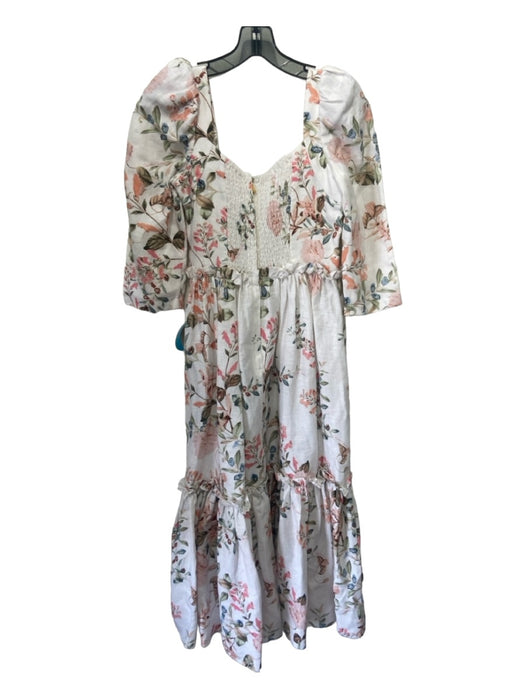 Cara Cara Size 2 White & Multi Linen Floral Square Neck 3/4 Sleeve Tiered Dress White & Multi / 2