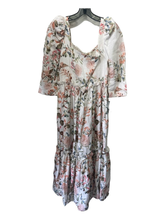 Cara Cara Size 2 White & Multi Linen Floral Square Neck 3/4 Sleeve Tiered Dress White & Multi / 2