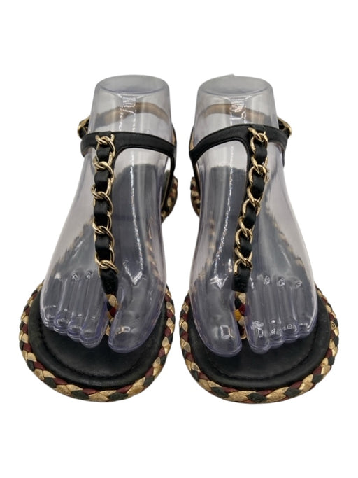 Chanel Shoe Size 38 Black, Red, Gold Leather Braided Thong Flat Chain Sandals Black, Red, Gold / 38