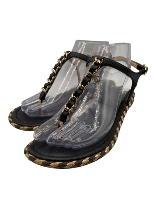 Chanel Shoe Size 38 Black, Red, Gold Leather Braided Thong Flat Chain Sandals Black, Red, Gold / 38